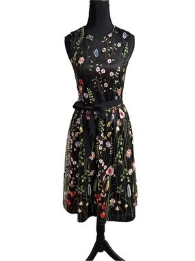 Pink Tartan Black Floral Embroidered Midi Dress